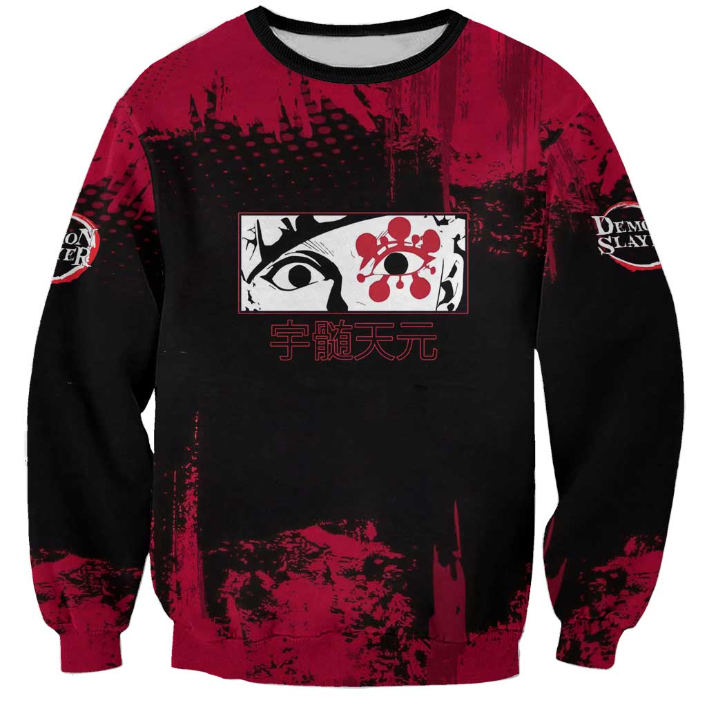 Tengen Uzui Demon Slayer Flashy Red Grunge Design Sweatshirt with Eye Detail and Dual Sword Pose - The Mazicc