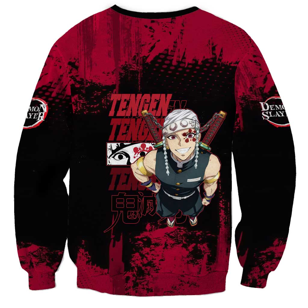 Tengen Uzui Demon Slayer Flashy Red Grunge Design Sweatshirt with Eye Detail and Dual Sword Pose - The Mazicc