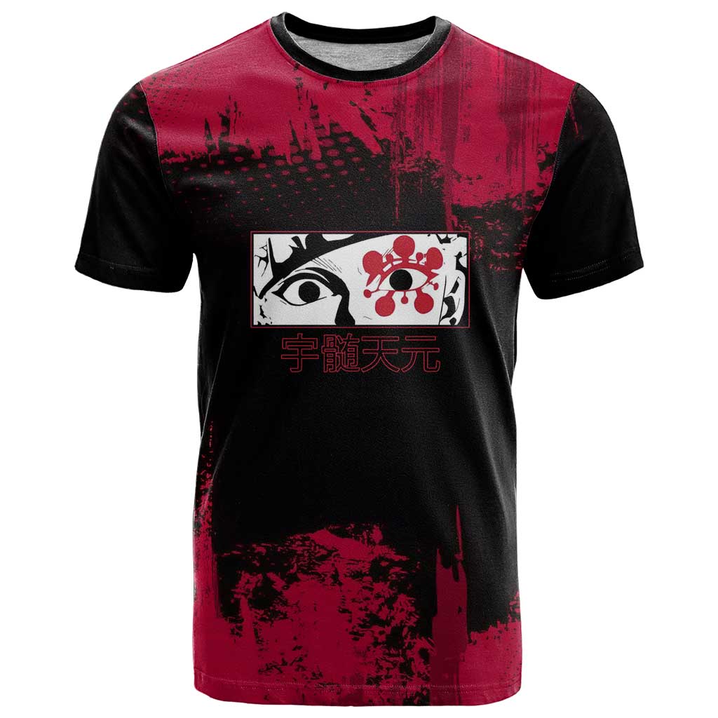 Tengen Uzui Demon Slayer Flashy Red Grunge Design T Shirt with Eye Detail and Dual Sword Pose - The Mazicc