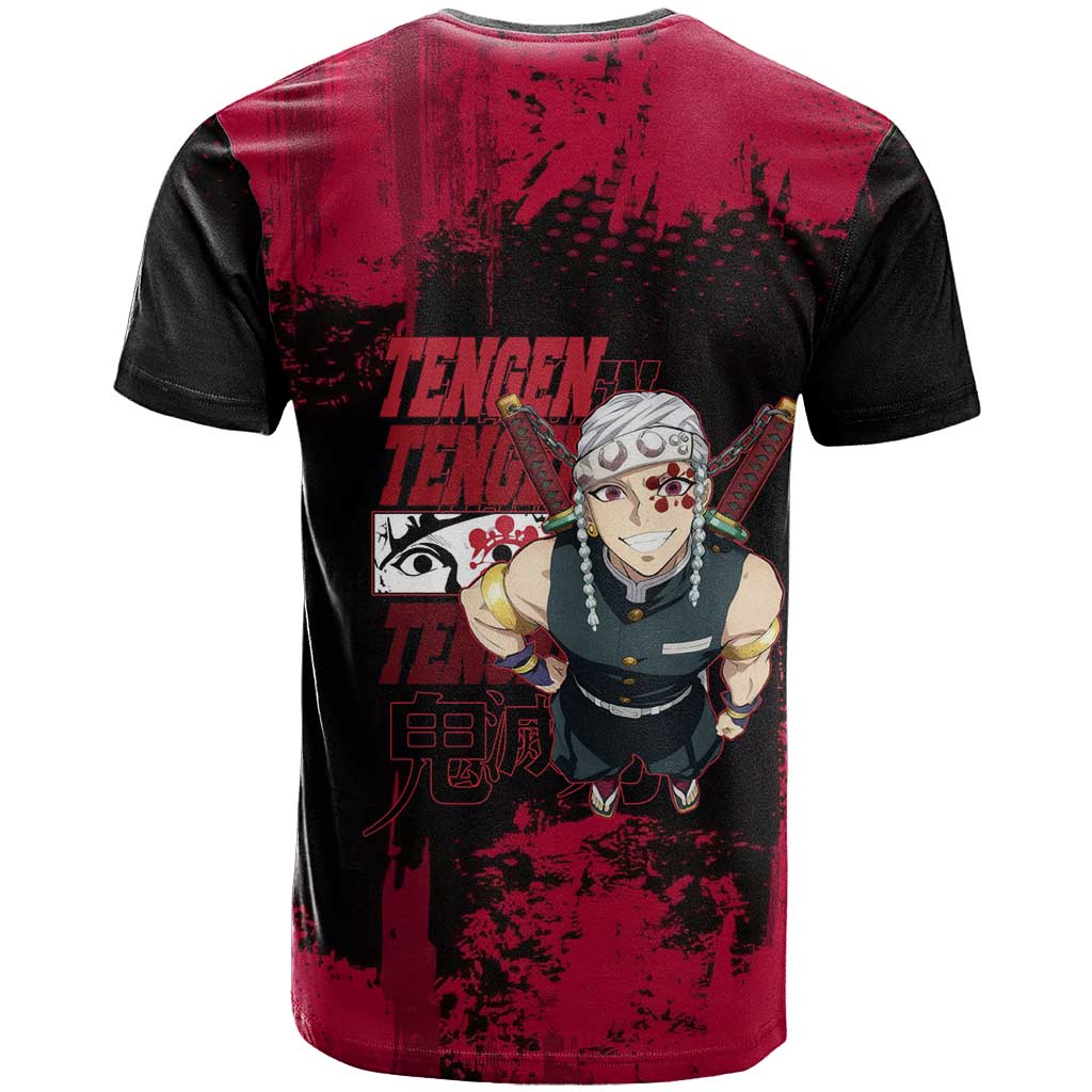 Tengen Uzui Demon Slayer Flashy Red Grunge Design T Shirt with Eye Detail and Dual Sword Pose - The Mazicc