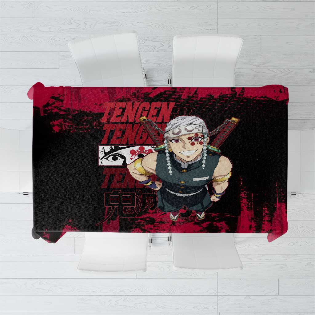 Tengen Uzui Demon Slayer Flashy Red Grunge Design Tablecloth with Eye Detail and Dual Sword Pose - The Mazicc