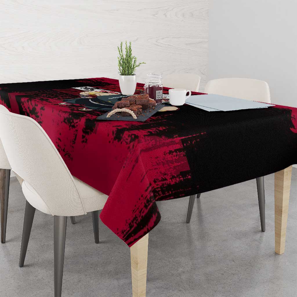 Tengen Uzui Demon Slayer Flashy Red Grunge Design Tablecloth with Eye Detail and Dual Sword Pose - The Mazicc