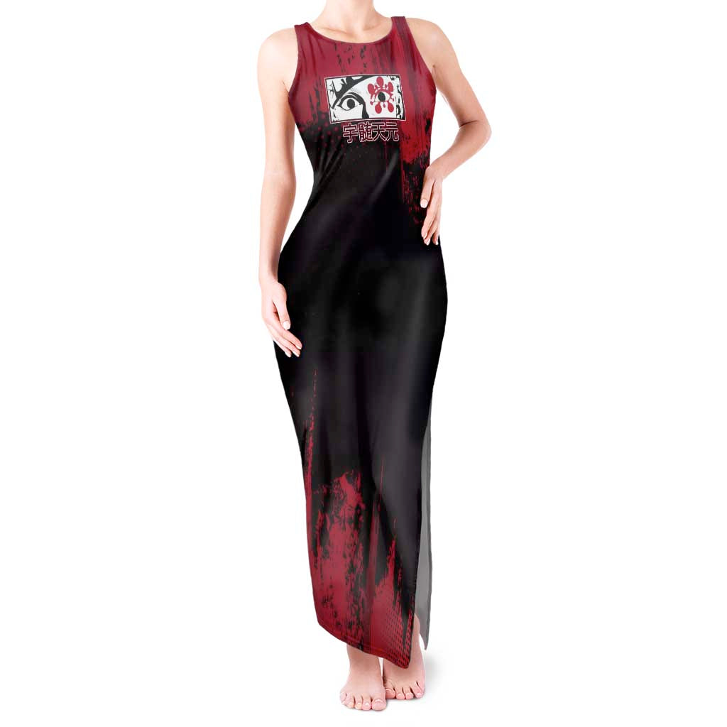 Tengen Uzui Demon Slayer Flashy Red Grunge Design Tank Maxi Dress with Eye Detail and Dual Sword Pose - The Mazicc
