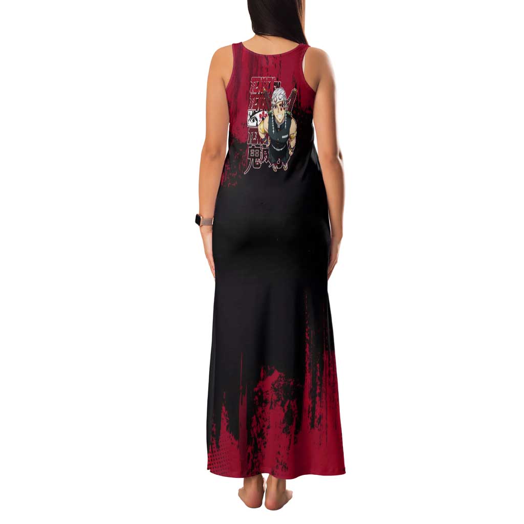 Tengen Uzui Demon Slayer Flashy Red Grunge Design Tank Maxi Dress with Eye Detail and Dual Sword Pose - The Mazicc