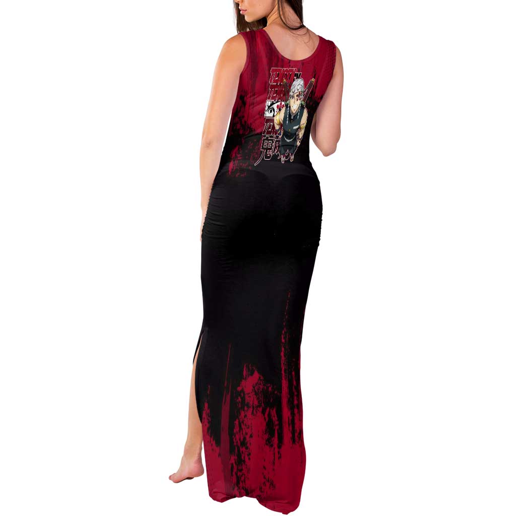Tengen Uzui Demon Slayer Flashy Red Grunge Design Tank Maxi Dress with Eye Detail and Dual Sword Pose - The Mazicc