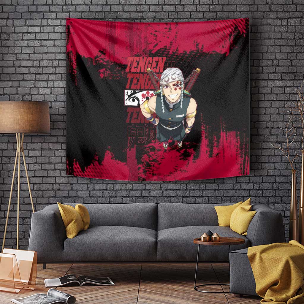 Tengen Uzui Demon Slayer Flashy Red Grunge Design Tapestry with Eye Detail and Dual Sword Pose - The Mazicc