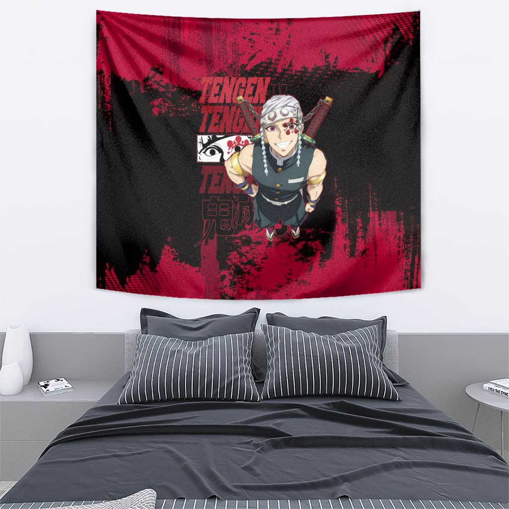Tengen Uzui Demon Slayer Flashy Red Grunge Design Tapestry with Eye Detail and Dual Sword Pose - The Mazicc