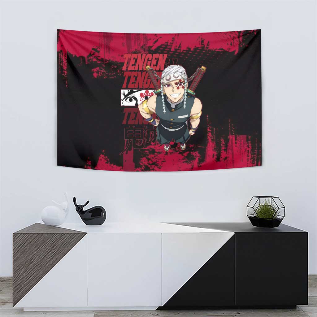 Tengen Uzui Demon Slayer Flashy Red Grunge Design Tapestry with Eye Detail and Dual Sword Pose - The Mazicc