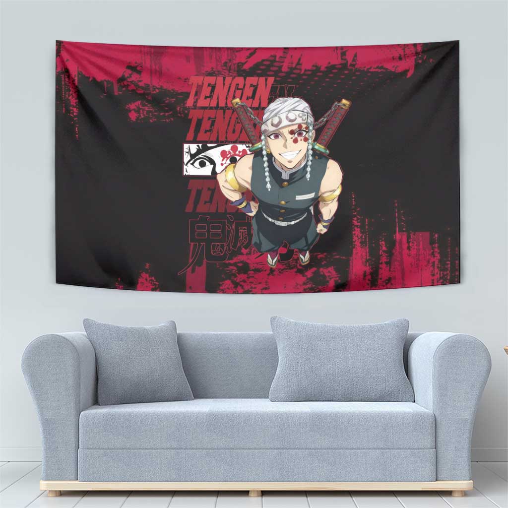 Tengen Uzui Demon Slayer Flashy Red Grunge Design Tapestry with Eye Detail and Dual Sword Pose - The Mazicc