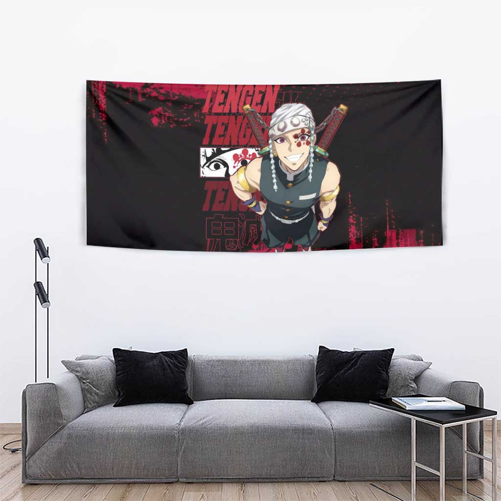 Tengen Uzui Demon Slayer Flashy Red Grunge Design Tapestry with Eye Detail and Dual Sword Pose - The Mazicc
