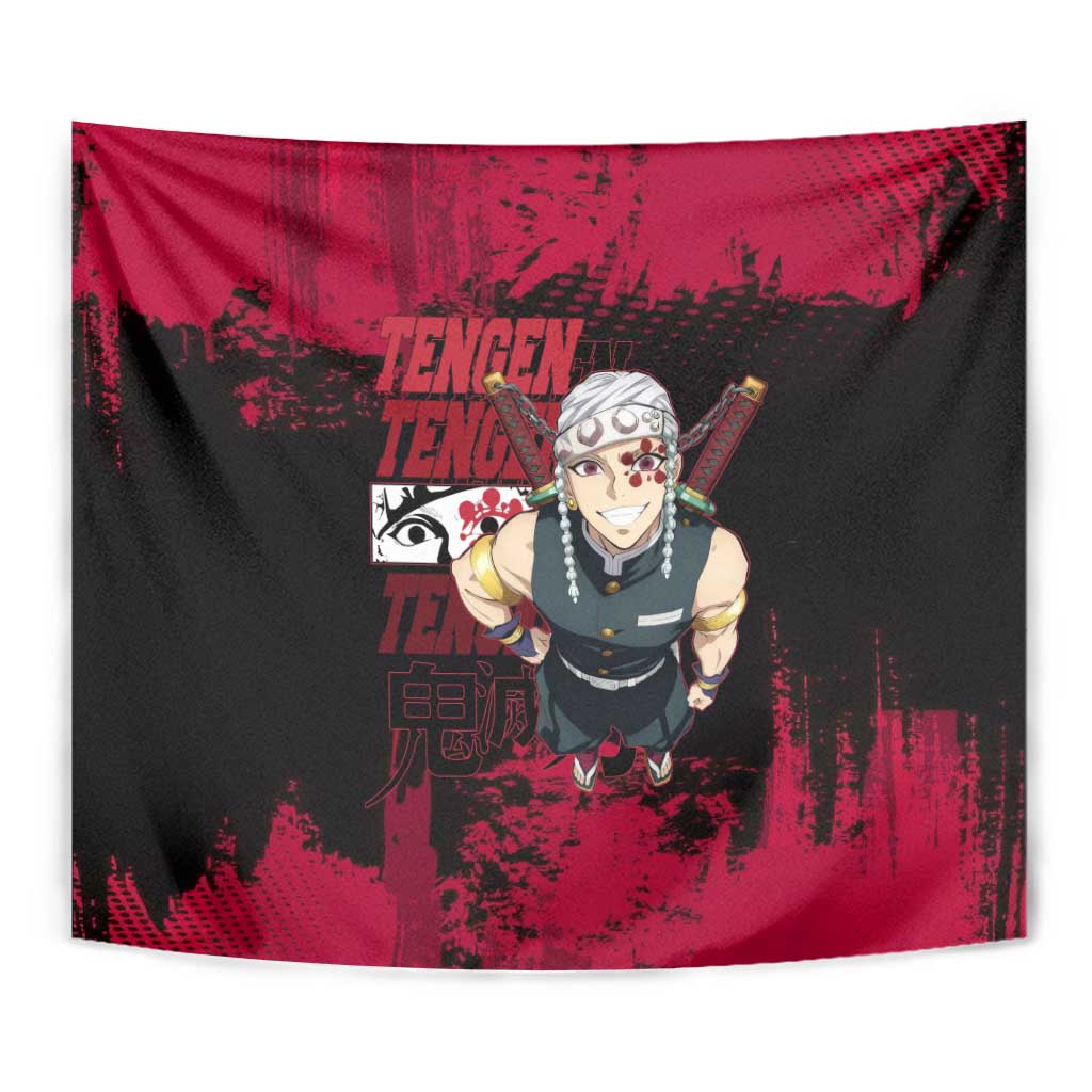 Tengen Uzui Demon Slayer Flashy Red Grunge Design Tapestry with Eye Detail and Dual Sword Pose - The Mazicc