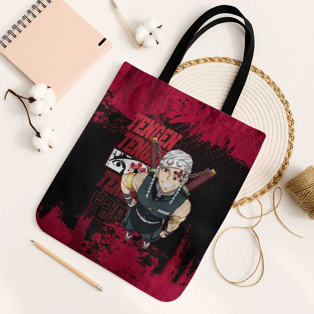Tengen Uzui Demon Slayer Flashy Red Grunge Design Tote Bag with Eye Detail and Dual Sword Pose - The Mazicc