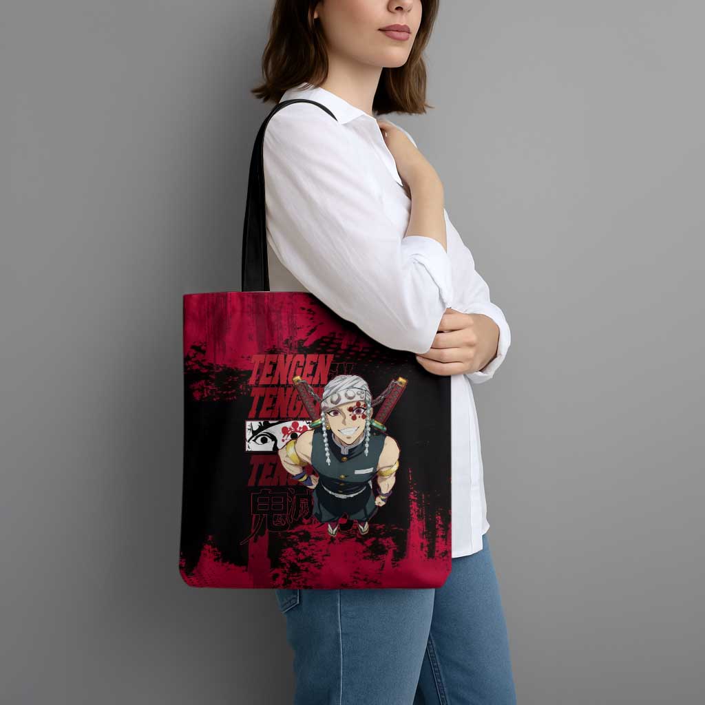 Tengen Uzui Demon Slayer Flashy Red Grunge Design Tote Bag with Eye Detail and Dual Sword Pose - The Mazicc