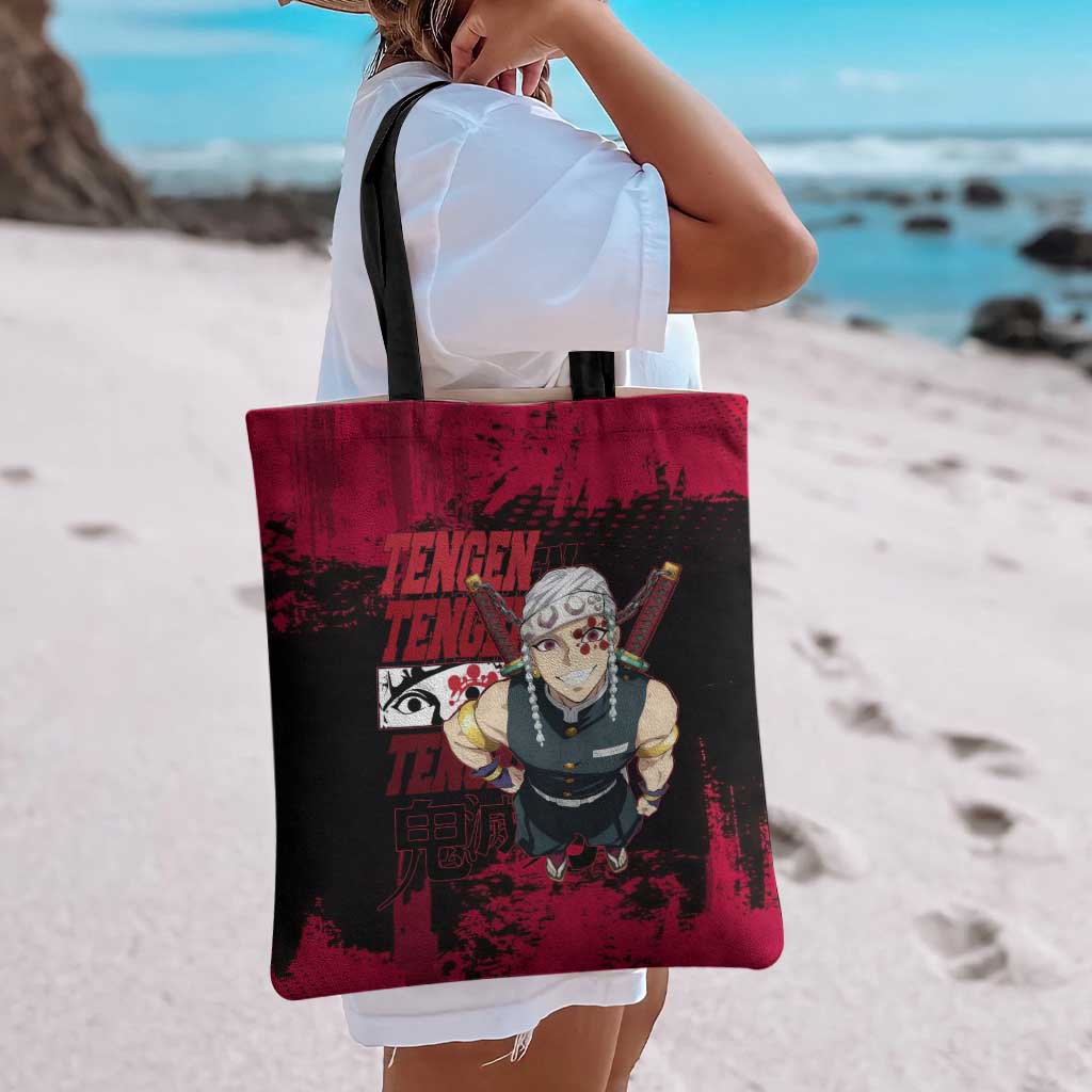Tengen Uzui Demon Slayer Flashy Red Grunge Design Tote Bag with Eye Detail and Dual Sword Pose - The Mazicc