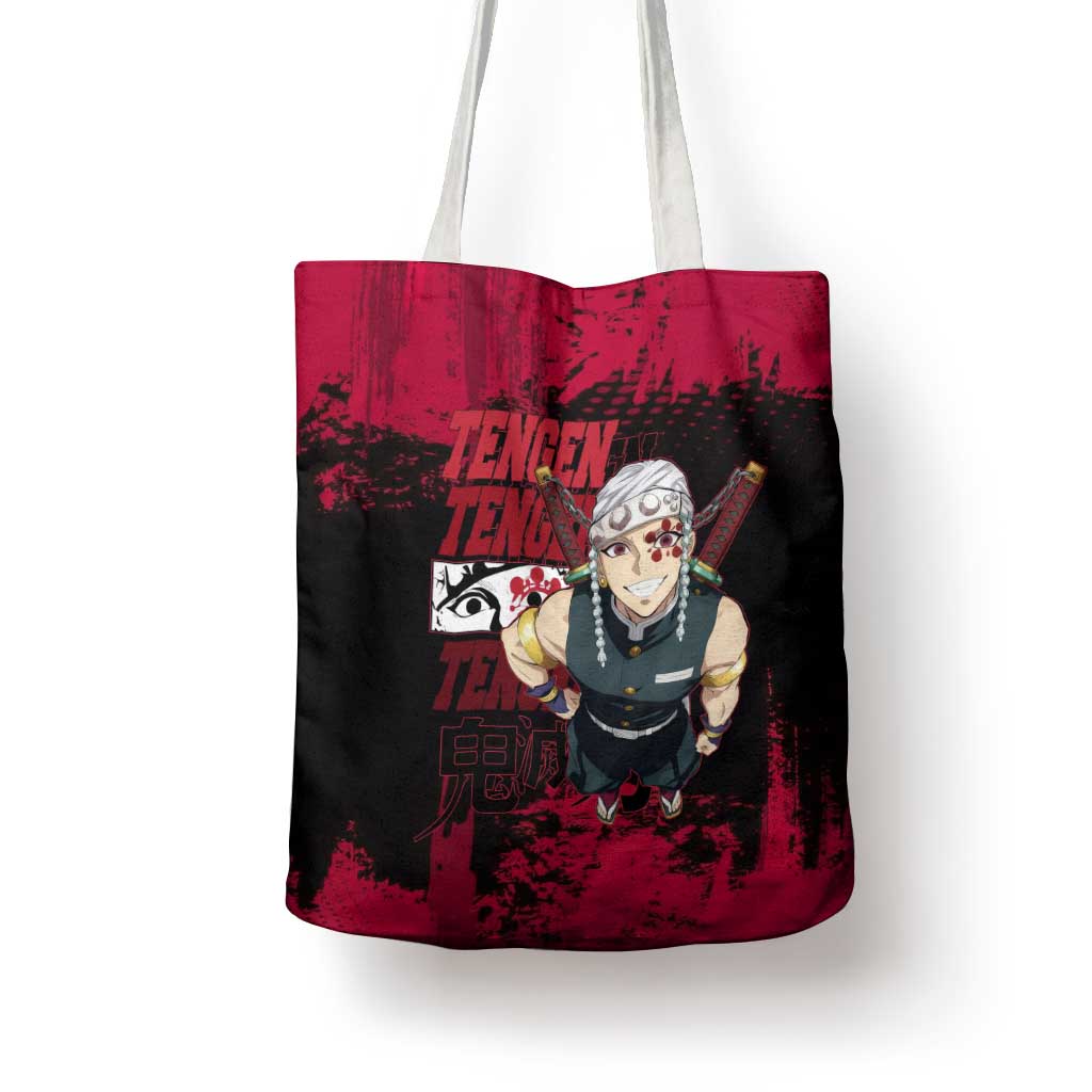 Tengen Uzui Demon Slayer Flashy Red Grunge Design Tote Bag with Eye Detail and Dual Sword Pose - The Mazicc