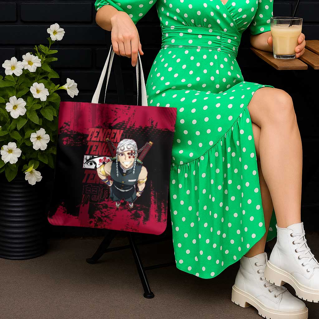 Tengen Uzui Demon Slayer Flashy Red Grunge Design Tote Bag with Eye Detail and Dual Sword Pose - The Mazicc