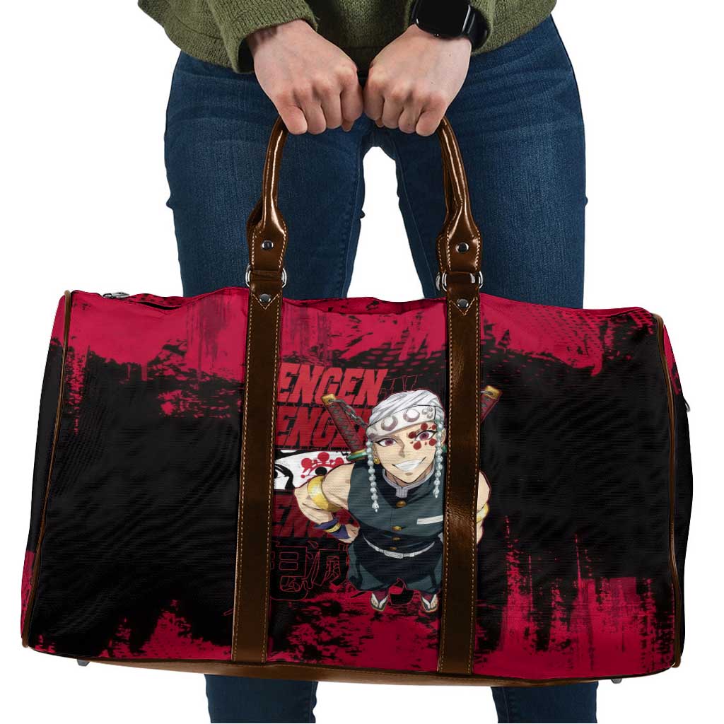 Tengen Uzui Demon Slayer Flashy Red Grunge Design Travel Bag with Eye Detail and Dual Sword Pose - The Mazicc