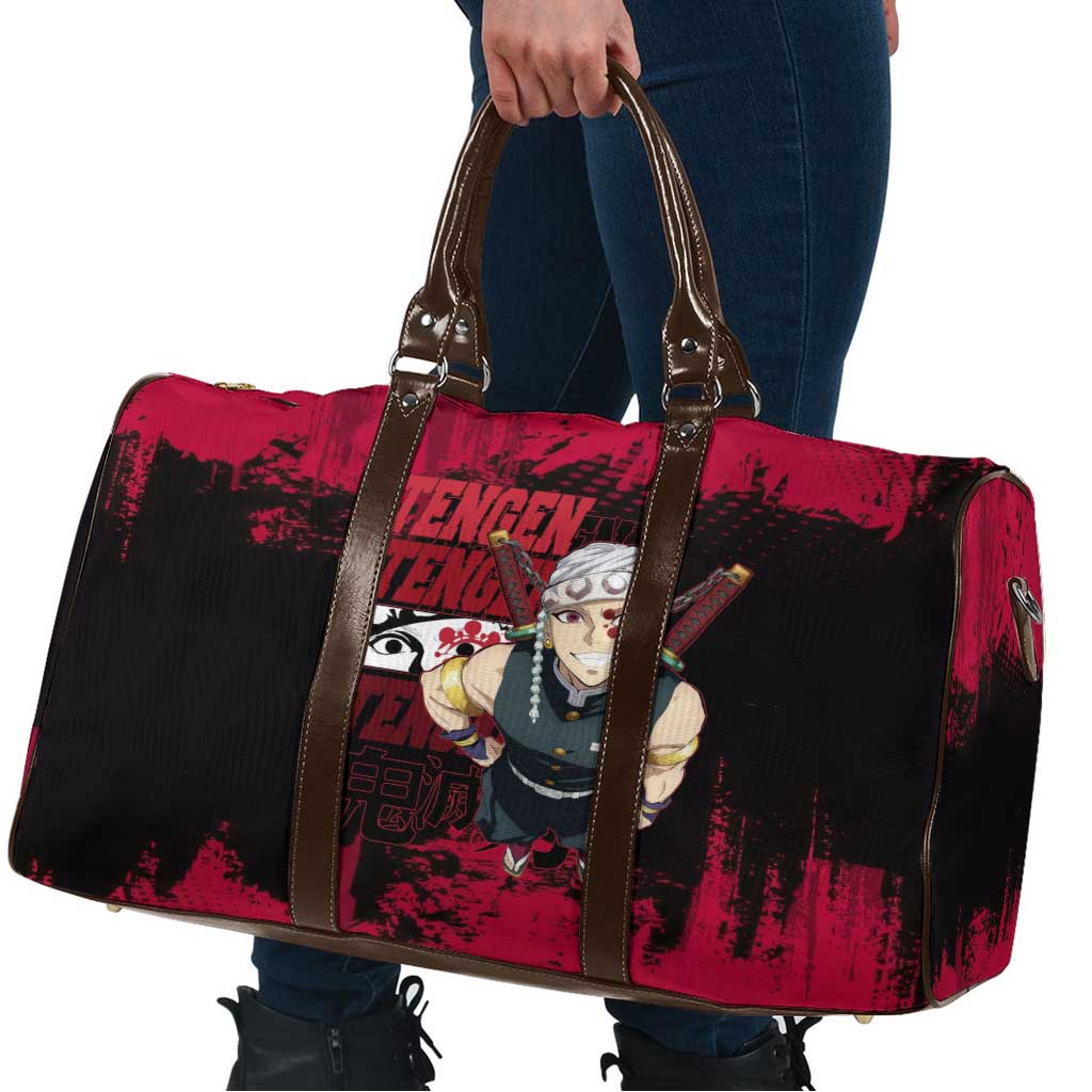 Tengen Uzui Demon Slayer Flashy Red Grunge Design Travel Bag with Eye Detail and Dual Sword Pose - The Mazicc