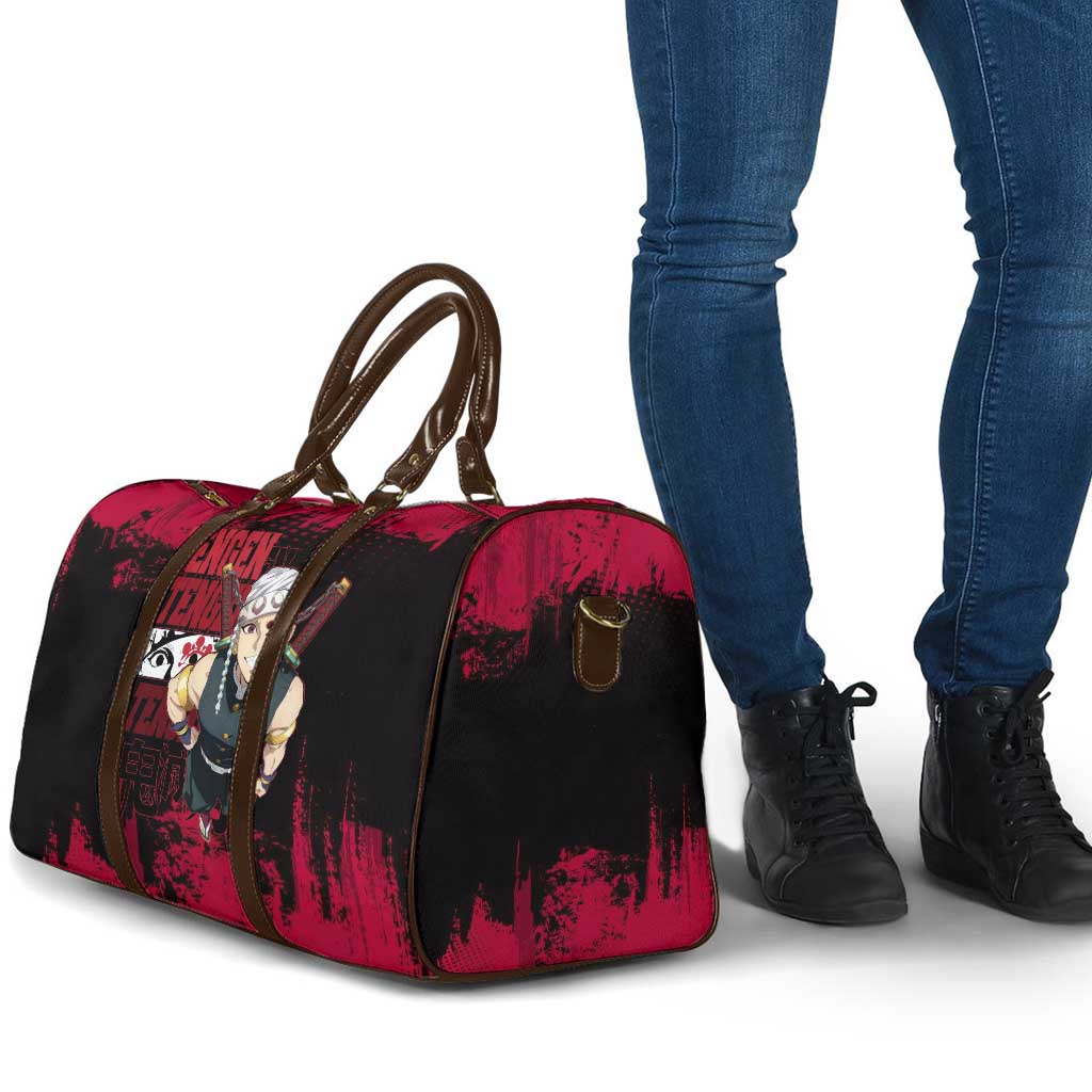 Tengen Uzui Demon Slayer Flashy Red Grunge Design Travel Bag with Eye Detail and Dual Sword Pose - The Mazicc