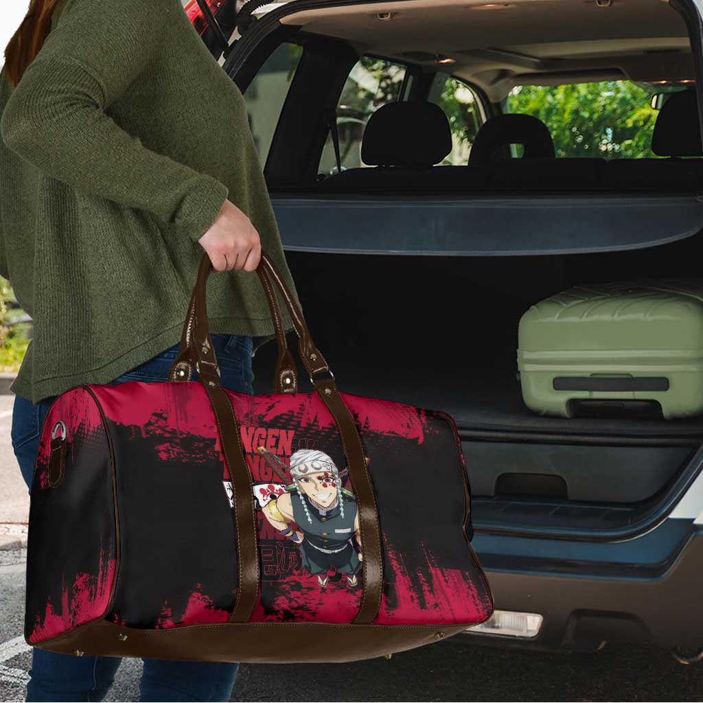 Tengen Uzui Demon Slayer Flashy Red Grunge Design Travel Bag with Eye Detail and Dual Sword Pose - The Mazicc