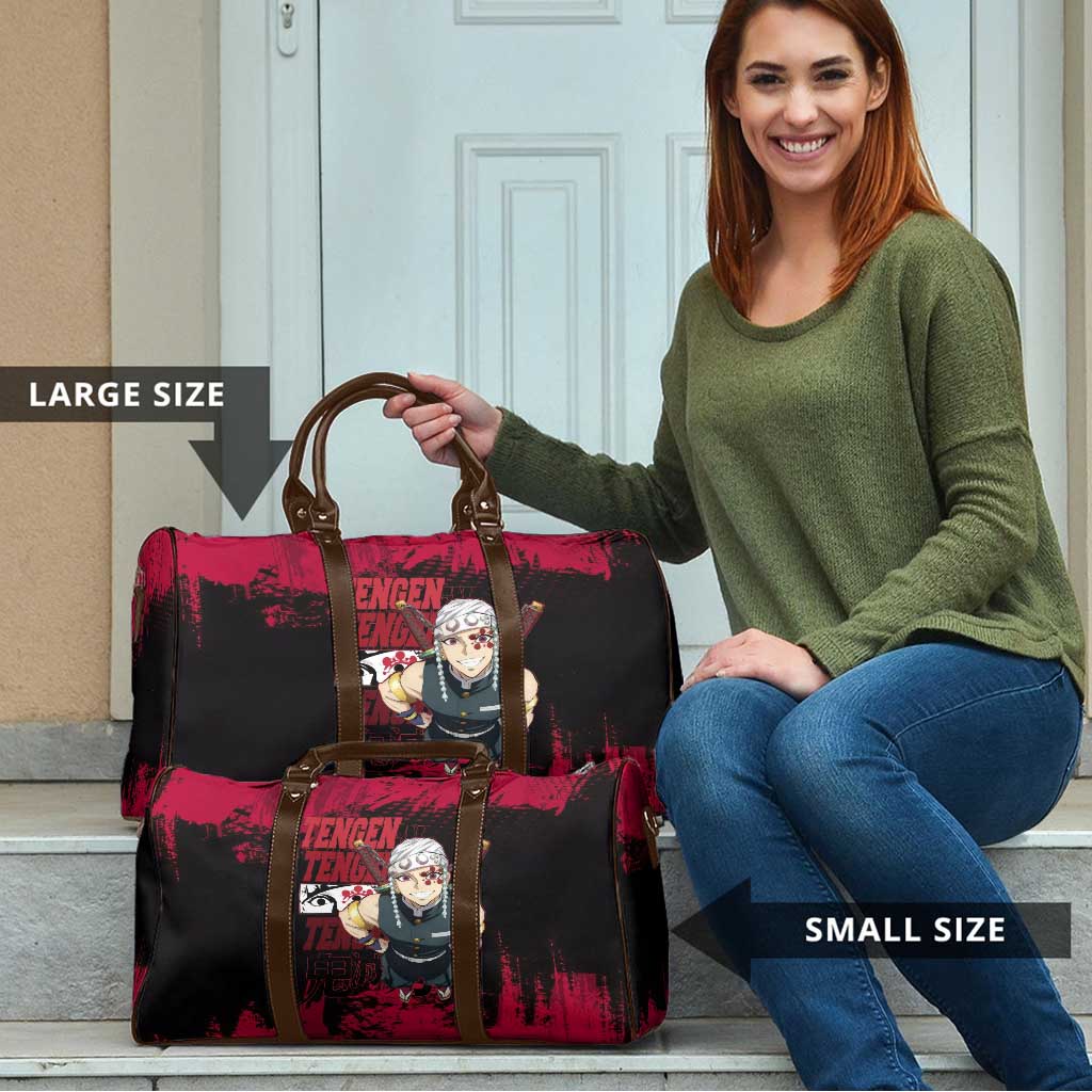Tengen Uzui Demon Slayer Flashy Red Grunge Design Travel Bag with Eye Detail and Dual Sword Pose - The Mazicc