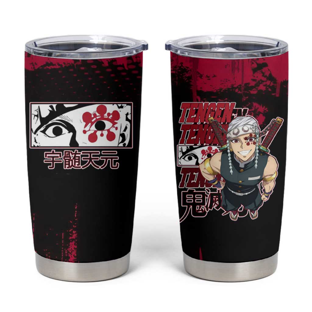 Tengen Uzui Demon Slayer Flashy Red Grunge Design Tumbler Cup with Eye Detail and Dual Sword Pose - The Mazicc
