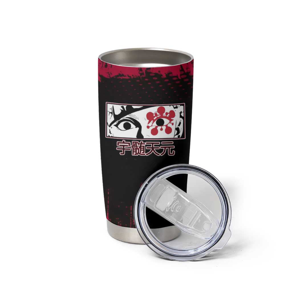 Tengen Uzui Demon Slayer Flashy Red Grunge Design Tumbler Cup with Eye Detail and Dual Sword Pose - The Mazicc