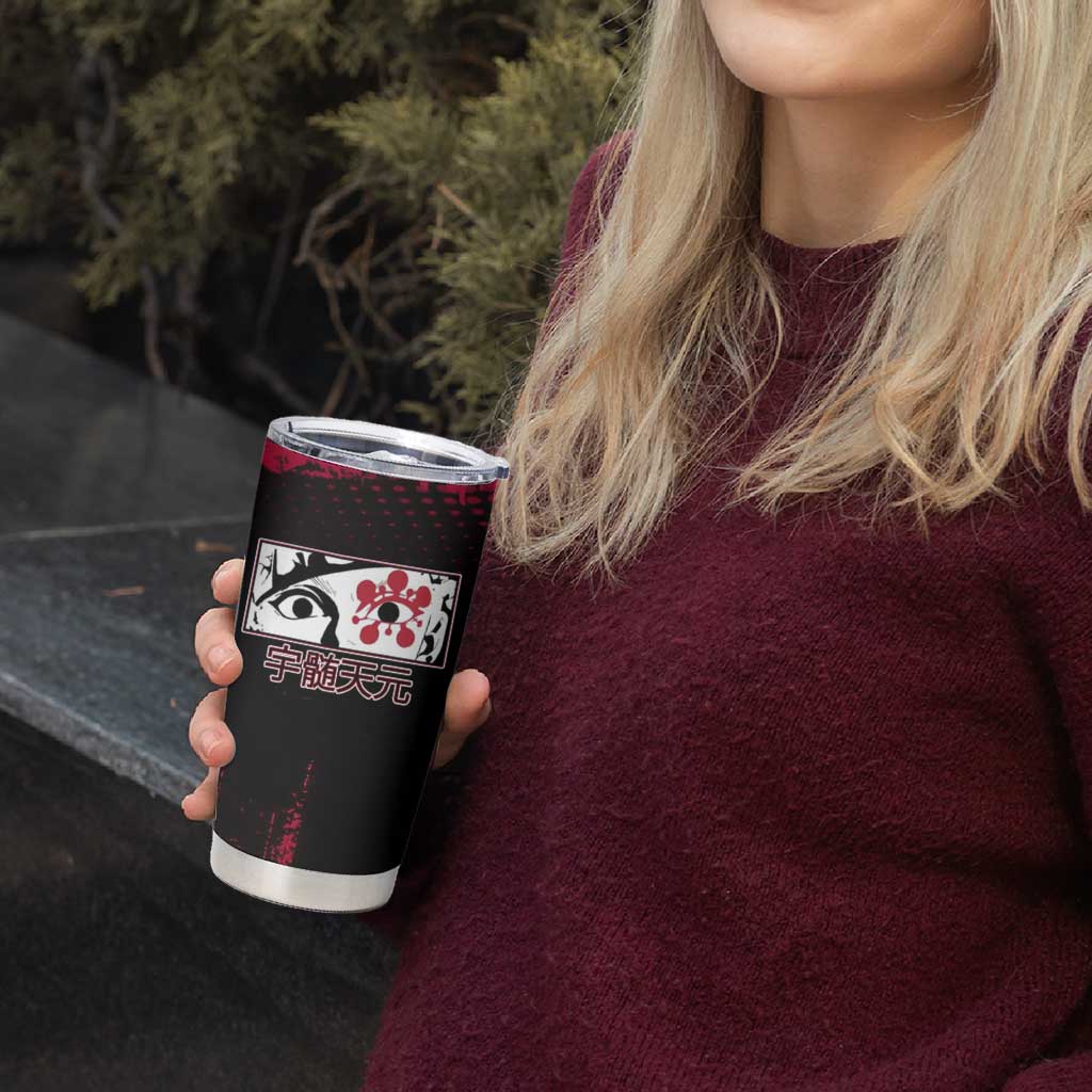 Tengen Uzui Demon Slayer Flashy Red Grunge Design Tumbler Cup with Eye Detail and Dual Sword Pose - The Mazicc