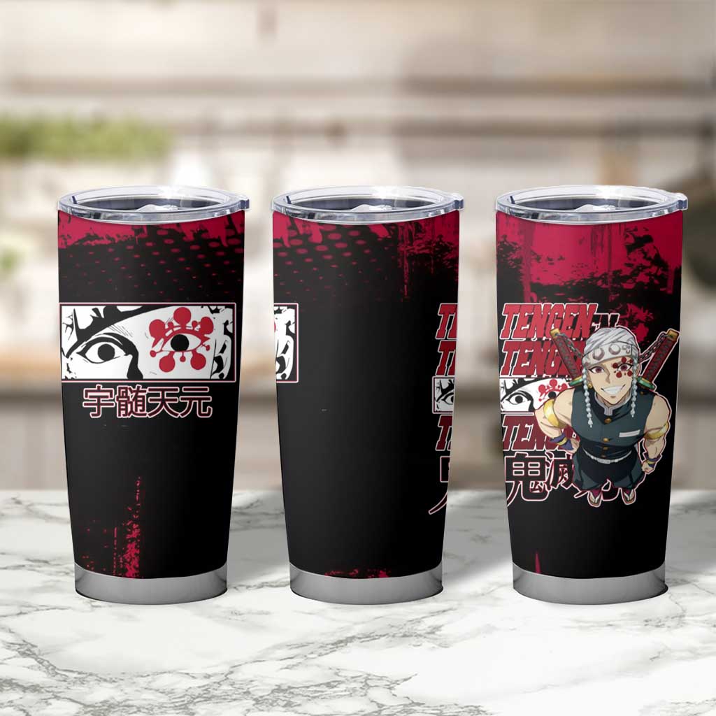 Tengen Uzui Demon Slayer Flashy Red Grunge Design Tumbler Cup with Eye Detail and Dual Sword Pose - The Mazicc