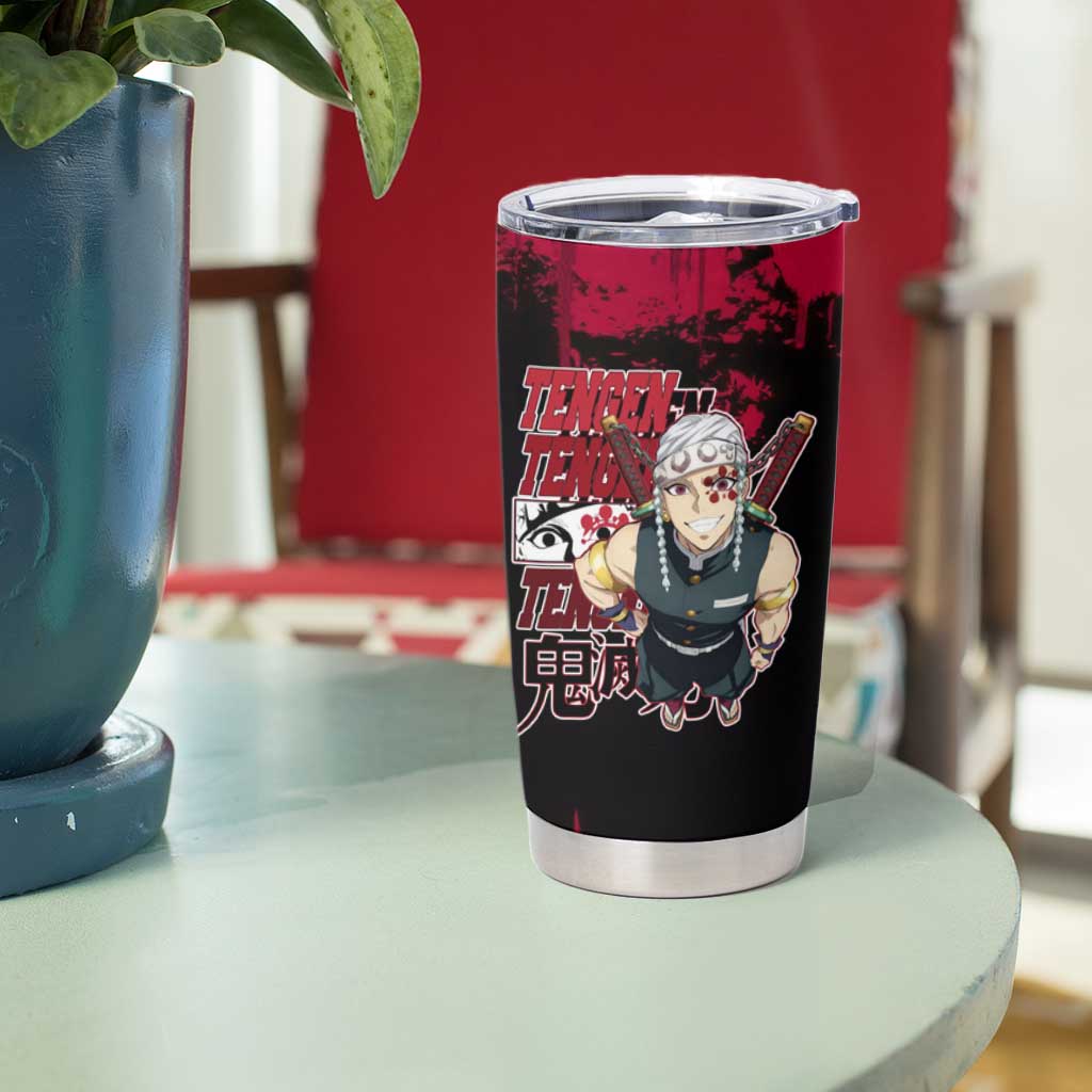 Tengen Uzui Demon Slayer Flashy Red Grunge Design Tumbler Cup with Eye Detail and Dual Sword Pose - The Mazicc