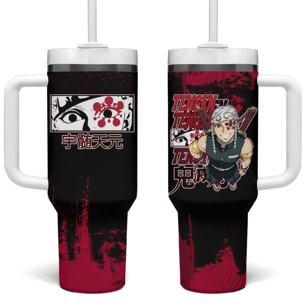 Tengen Uzui Demon Slayer Flashy Red Grunge Design Tumbler With Handle with Eye Detail and Dual Sword Pose - The Mazicc