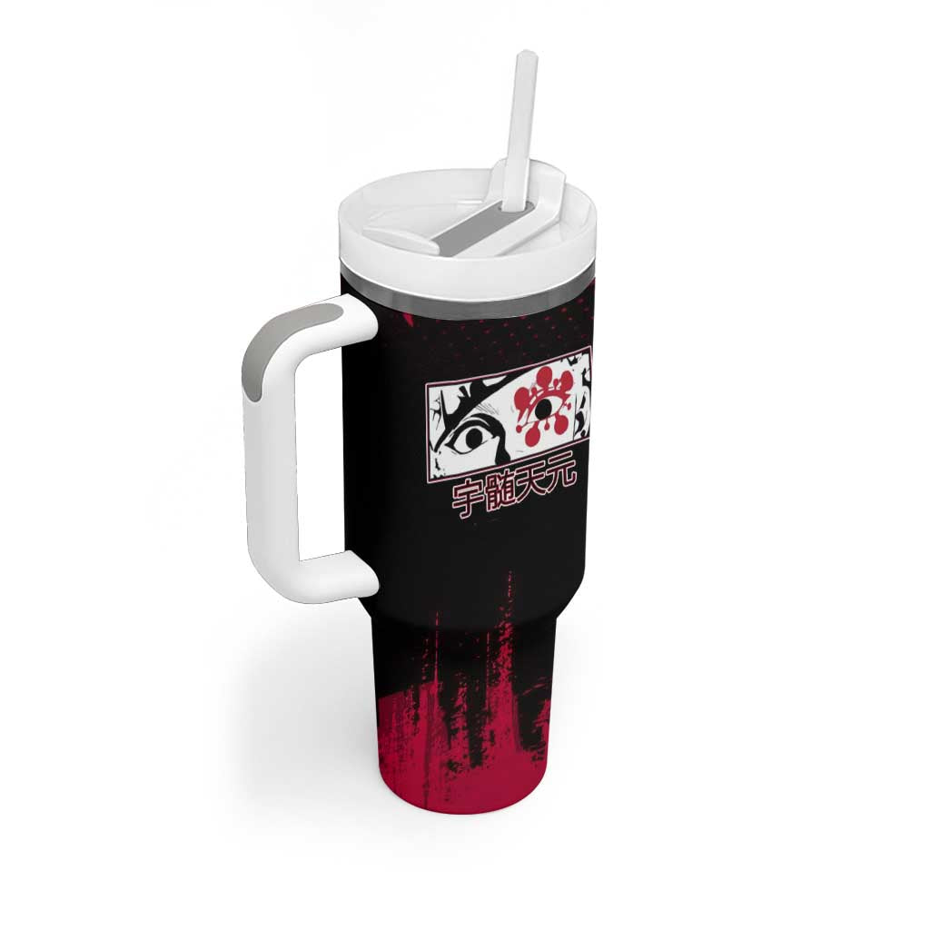 Tengen Uzui Demon Slayer Flashy Red Grunge Design Tumbler With Handle with Eye Detail and Dual Sword Pose - The Mazicc