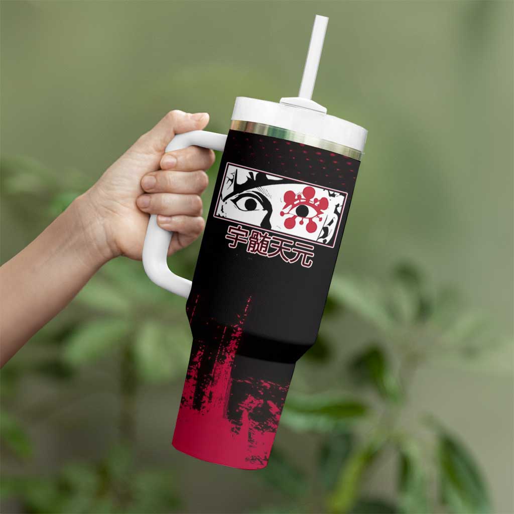 Tengen Uzui Demon Slayer Flashy Red Grunge Design Tumbler With Handle with Eye Detail and Dual Sword Pose - The Mazicc