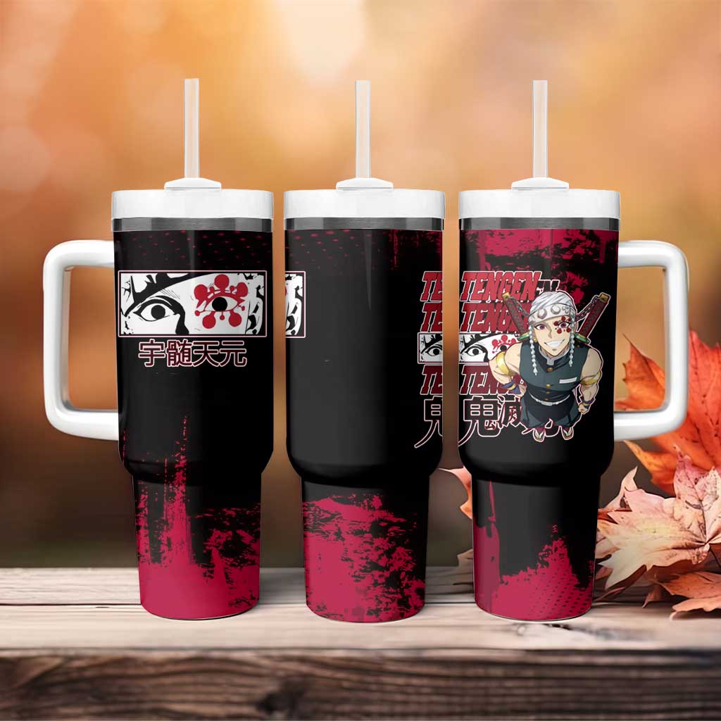 Tengen Uzui Demon Slayer Flashy Red Grunge Design Tumbler With Handle with Eye Detail and Dual Sword Pose - The Mazicc