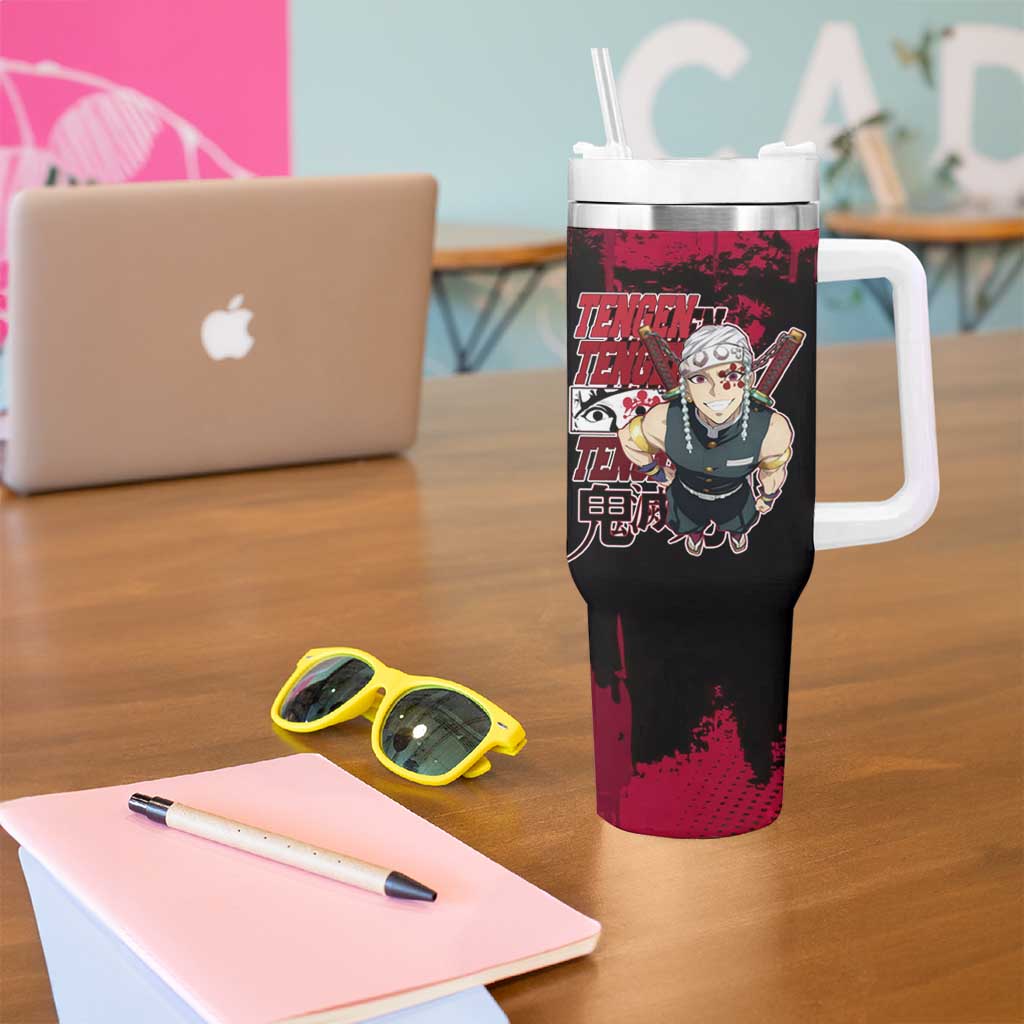 Tengen Uzui Demon Slayer Flashy Red Grunge Design Tumbler With Handle with Eye Detail and Dual Sword Pose - The Mazicc