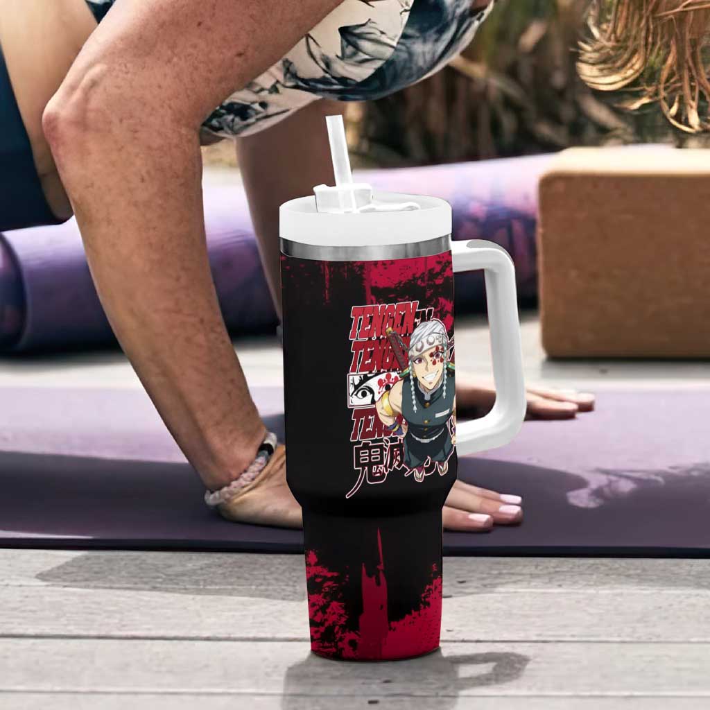 Tengen Uzui Demon Slayer Flashy Red Grunge Design Tumbler With Handle with Eye Detail and Dual Sword Pose - The Mazicc