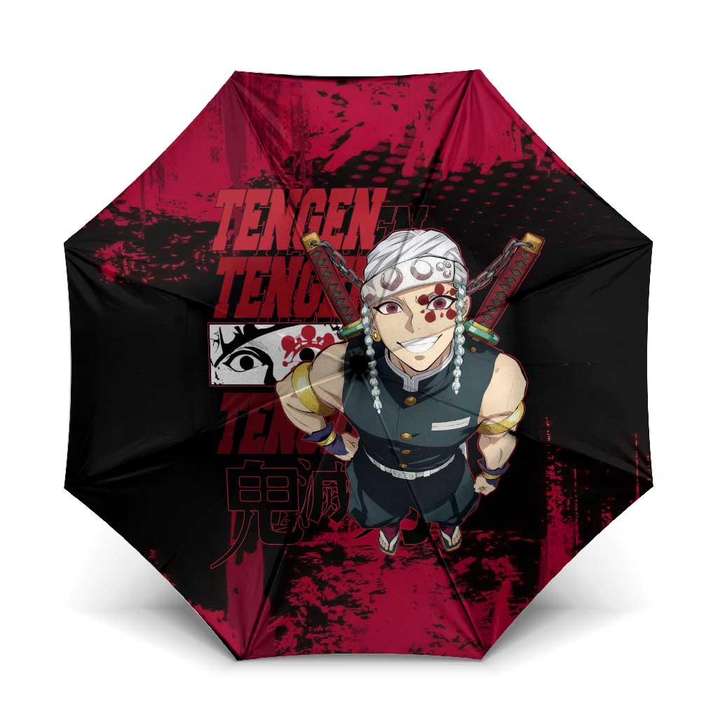 Tengen Uzui Demon Slayer Flashy Red Grunge Design Umbrella with Eye Detail and Dual Sword Pose - The Mazicc