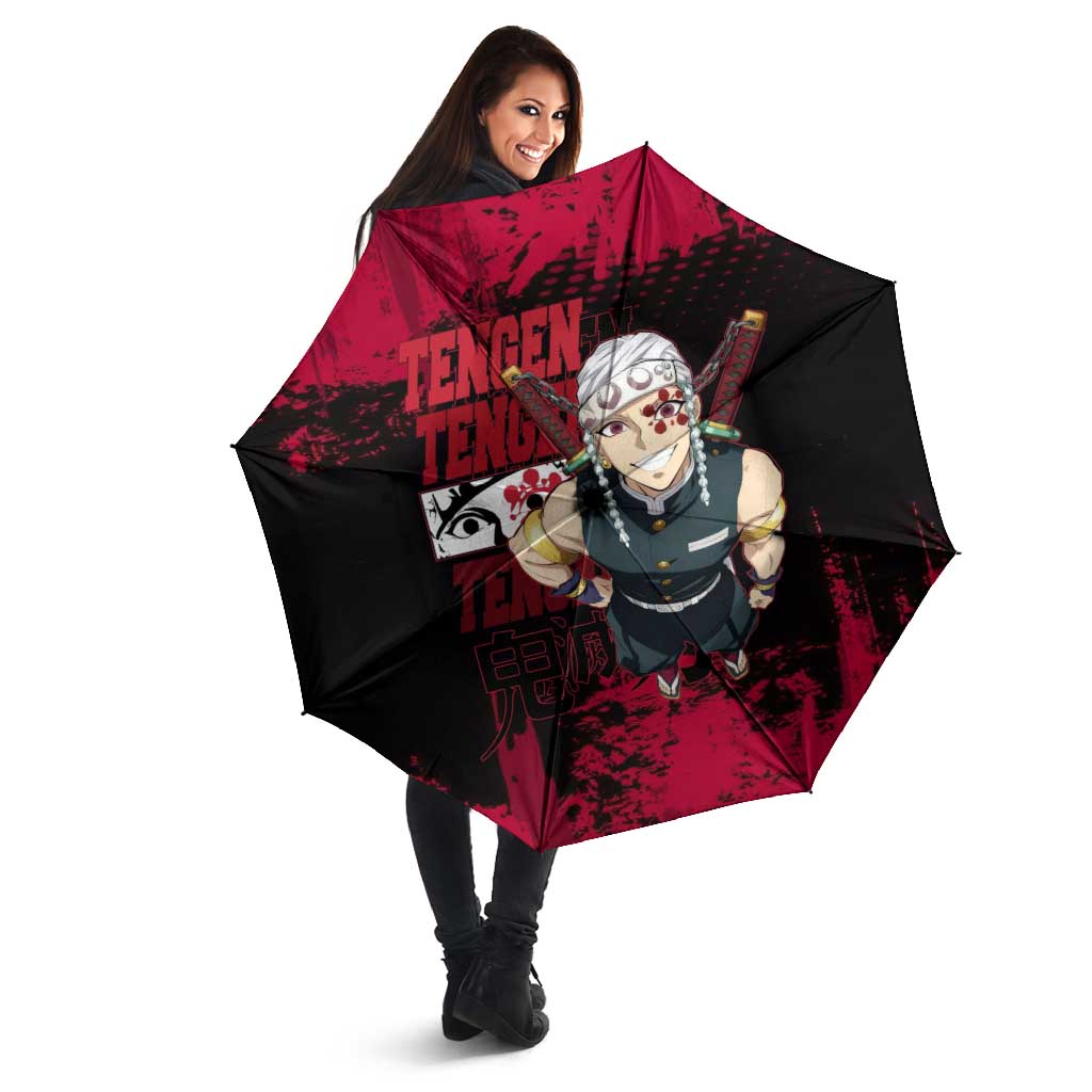 Tengen Uzui Demon Slayer Flashy Red Grunge Design Umbrella with Eye Detail and Dual Sword Pose - The Mazicc