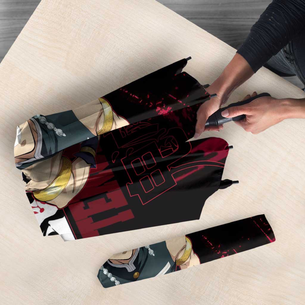 Tengen Uzui Demon Slayer Flashy Red Grunge Design Umbrella with Eye Detail and Dual Sword Pose - The Mazicc