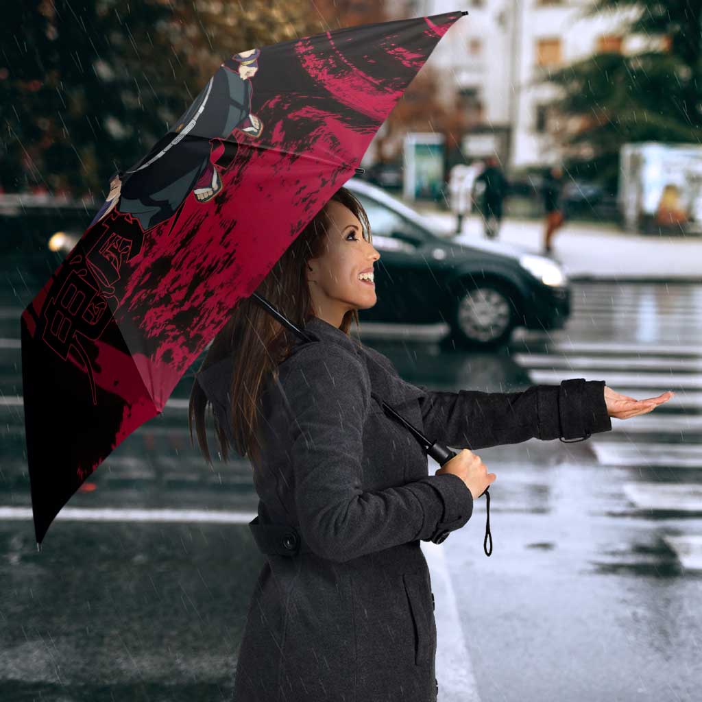 Tengen Uzui Demon Slayer Flashy Red Grunge Design Umbrella with Eye Detail and Dual Sword Pose - The Mazicc