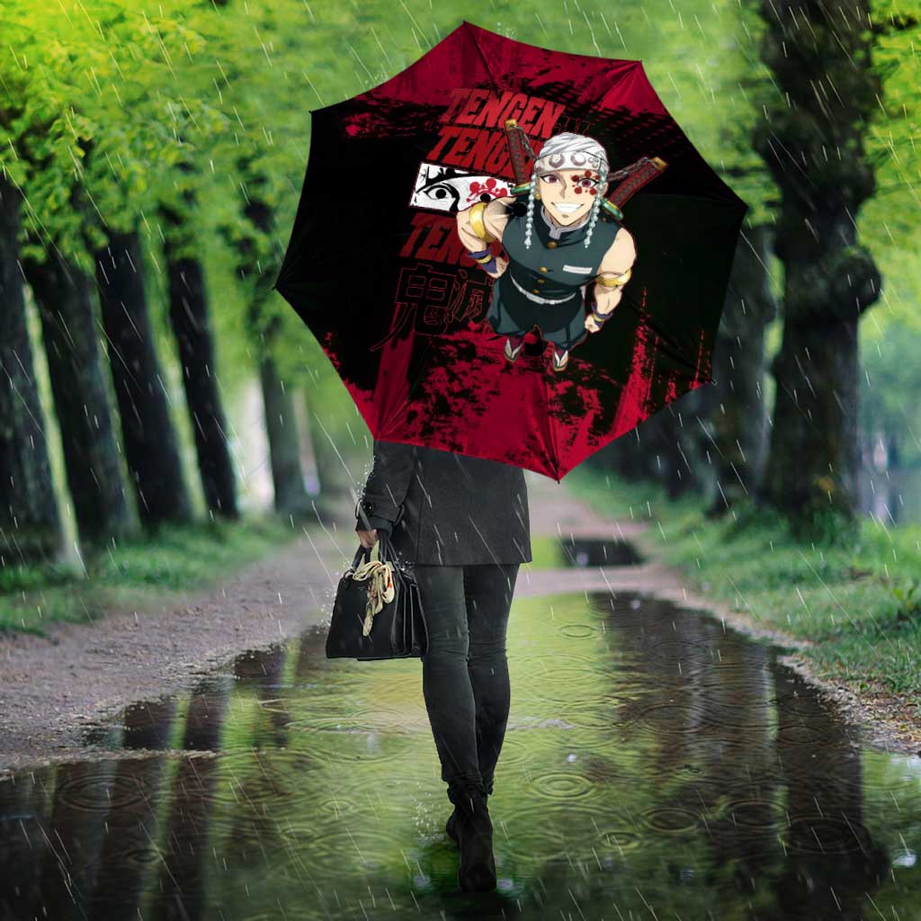 Tengen Uzui Demon Slayer Flashy Red Grunge Design Umbrella with Eye Detail and Dual Sword Pose - The Mazicc