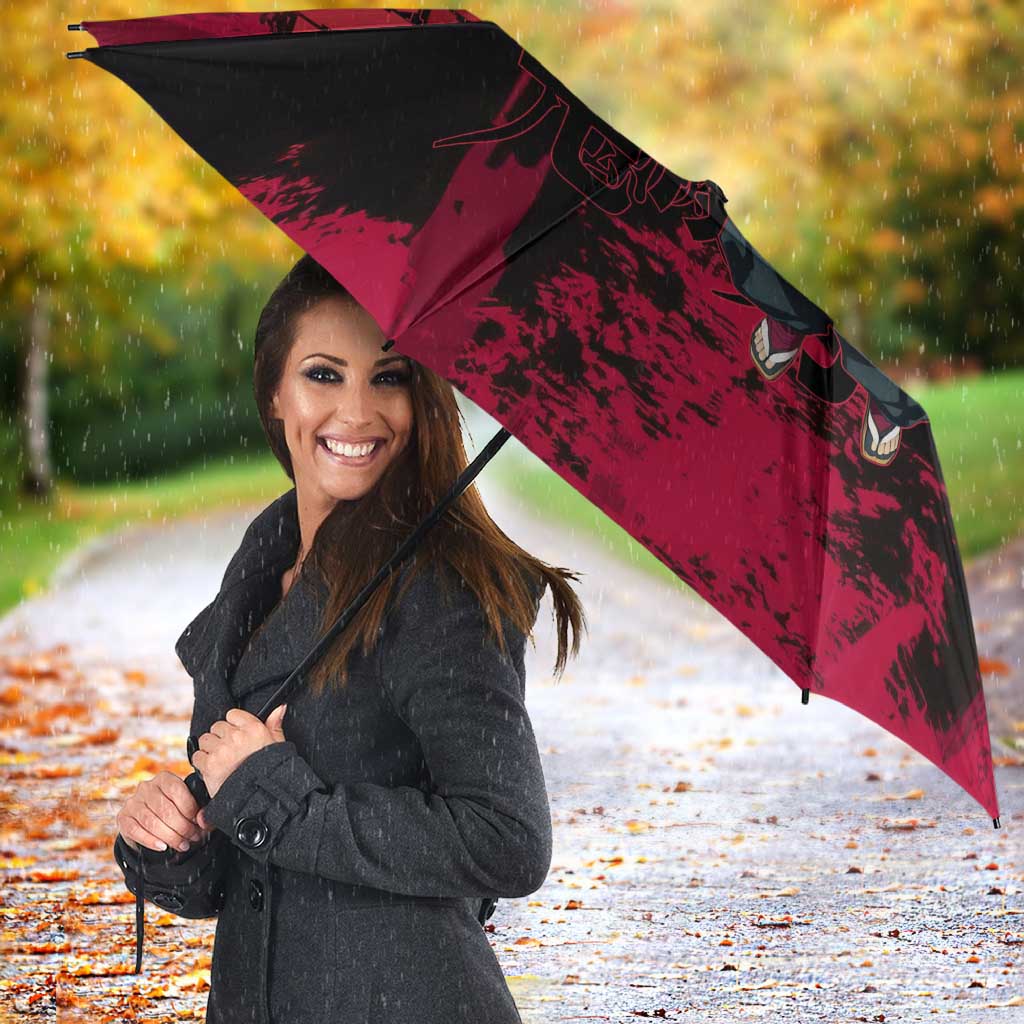 Tengen Uzui Demon Slayer Flashy Red Grunge Design Umbrella with Eye Detail and Dual Sword Pose - The Mazicc