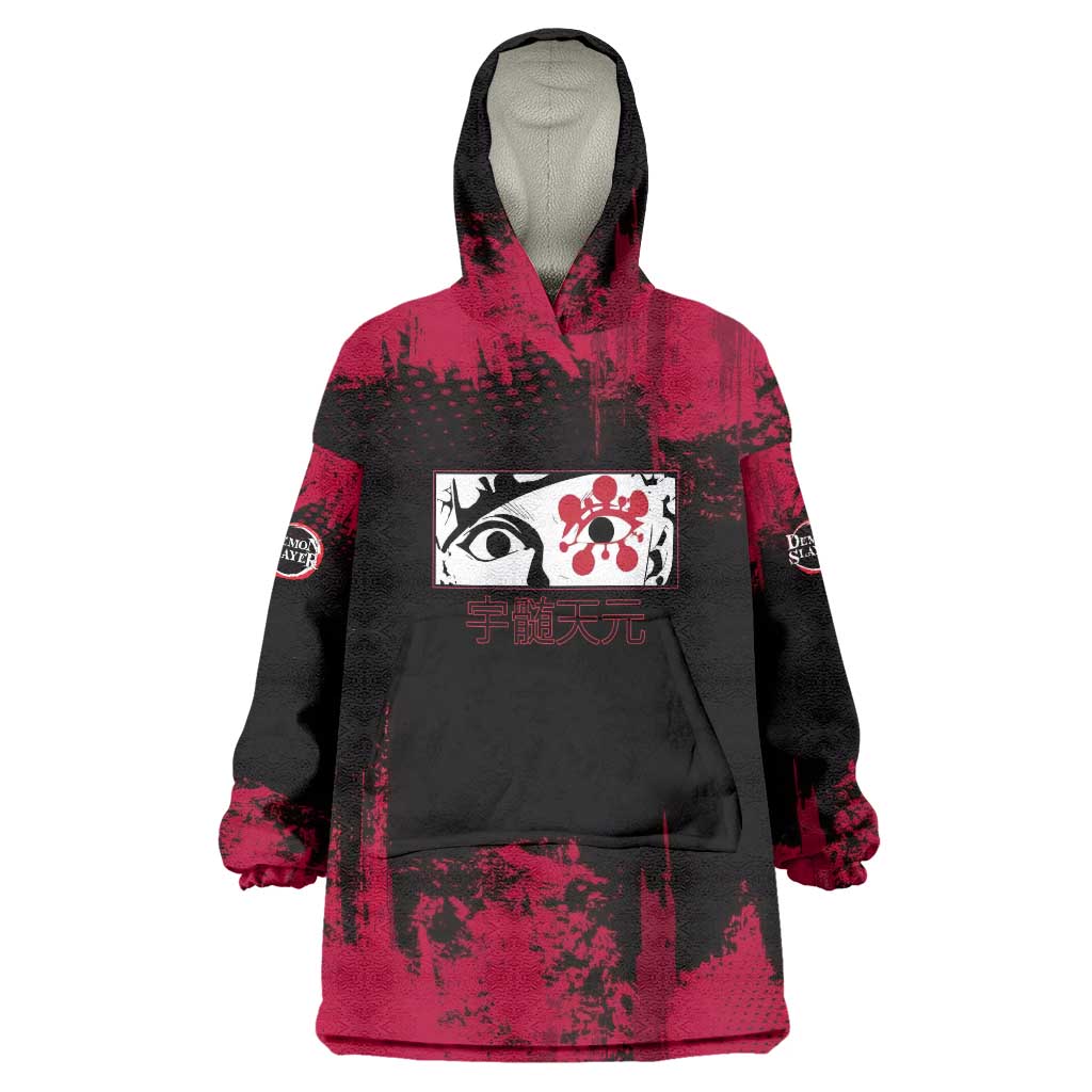 Tengen Uzui Demon Slayer Flashy Red Grunge Design Wearable Blanket Hoodie with Eye Detail and Dual Sword Pose - The Mazicc