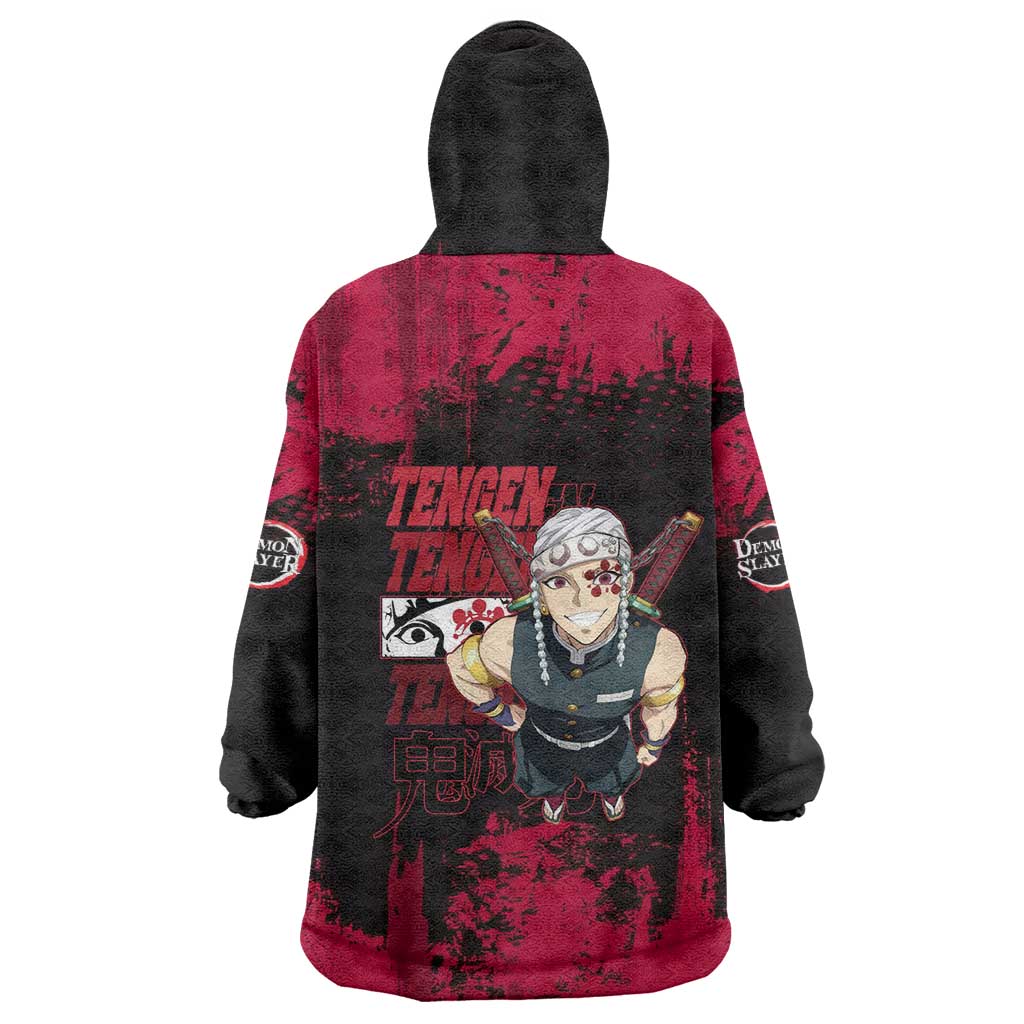 Tengen Uzui Demon Slayer Flashy Red Grunge Design Wearable Blanket Hoodie with Eye Detail and Dual Sword Pose - The Mazicc