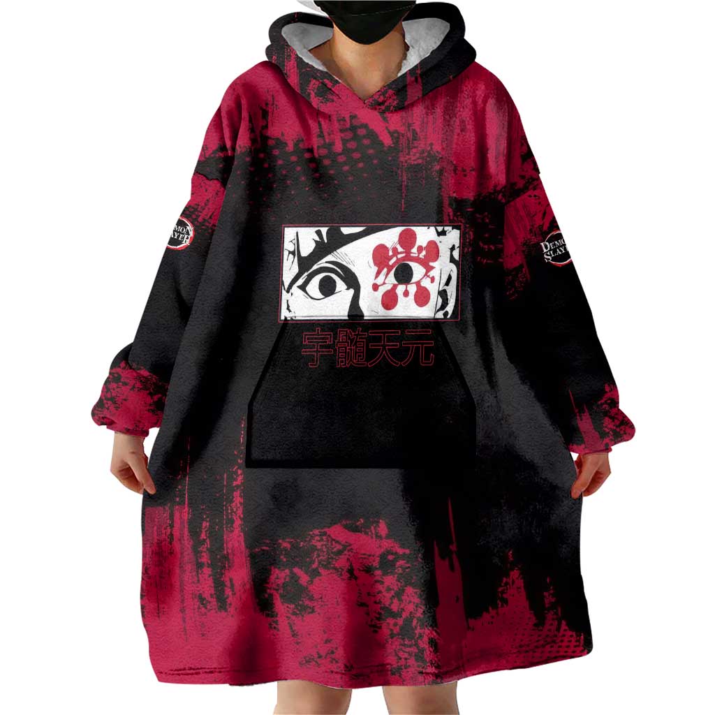 Tengen Uzui Demon Slayer Flashy Red Grunge Design Wearable Blanket Hoodie with Eye Detail and Dual Sword Pose - The Mazicc