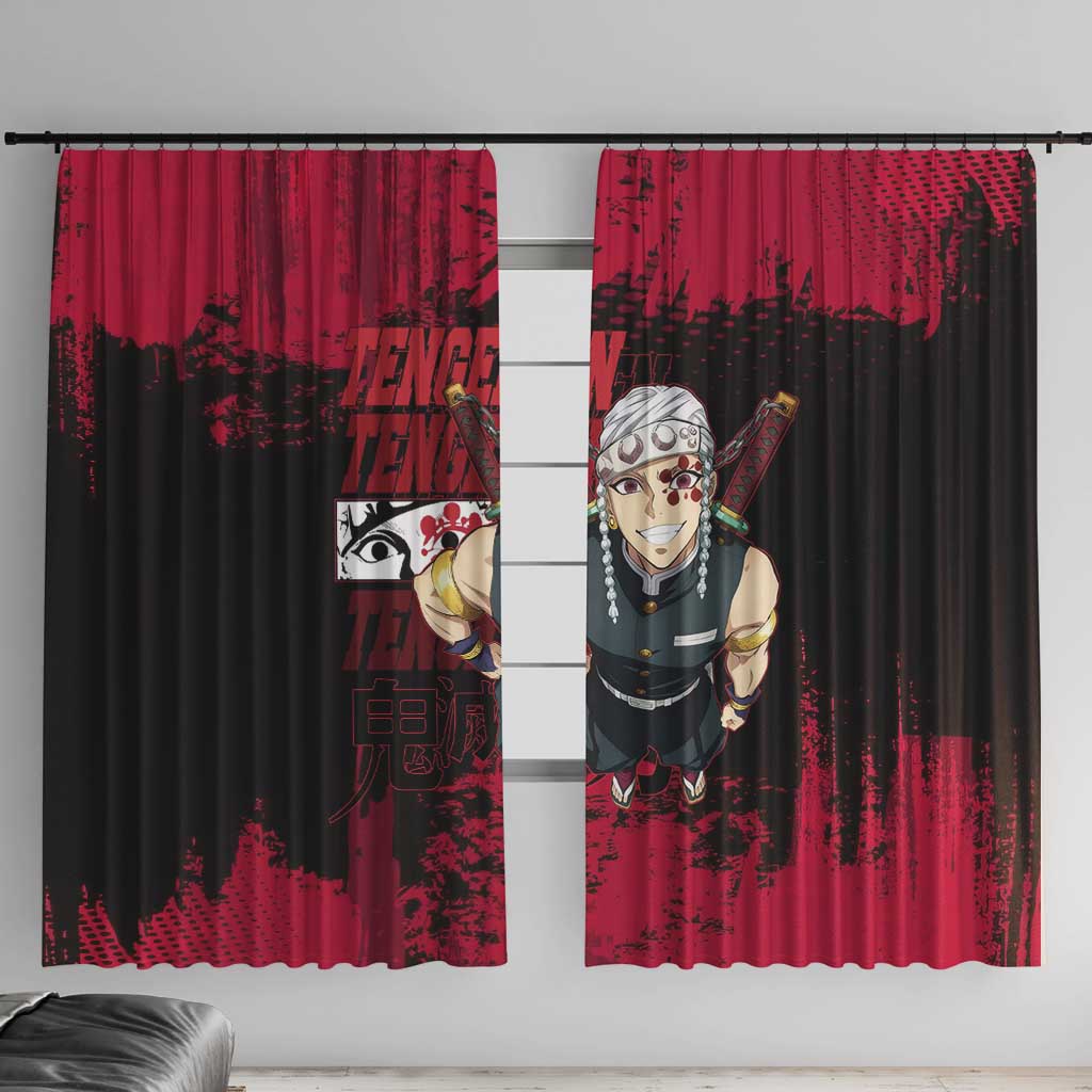 Tengen Uzui Demon Slayer Flashy Red Grunge Design Window Curtain with Eye Detail and Dual Sword Pose - The Mazicc