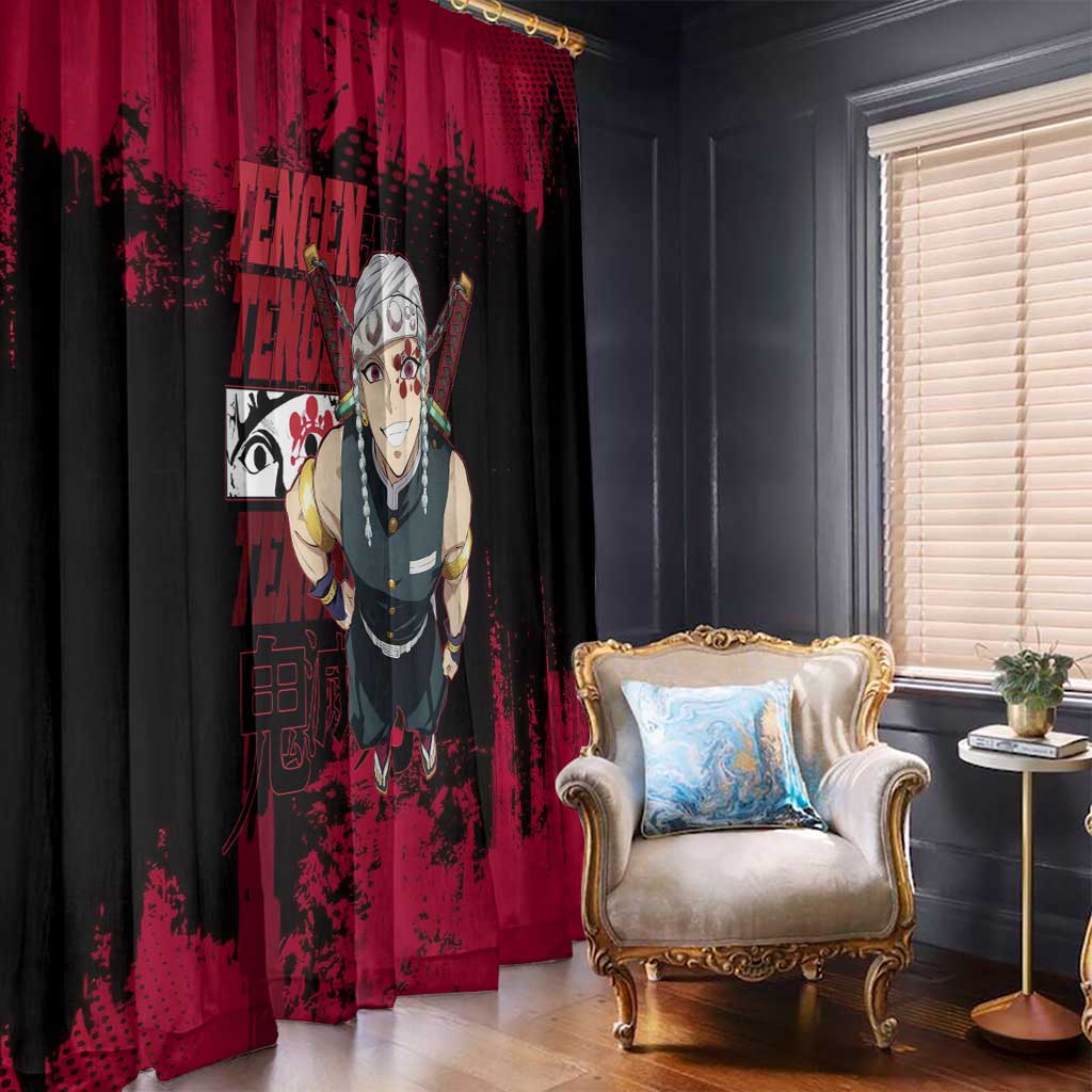 Tengen Uzui Demon Slayer Flashy Red Grunge Design Window Curtain with Eye Detail and Dual Sword Pose - The Mazicc