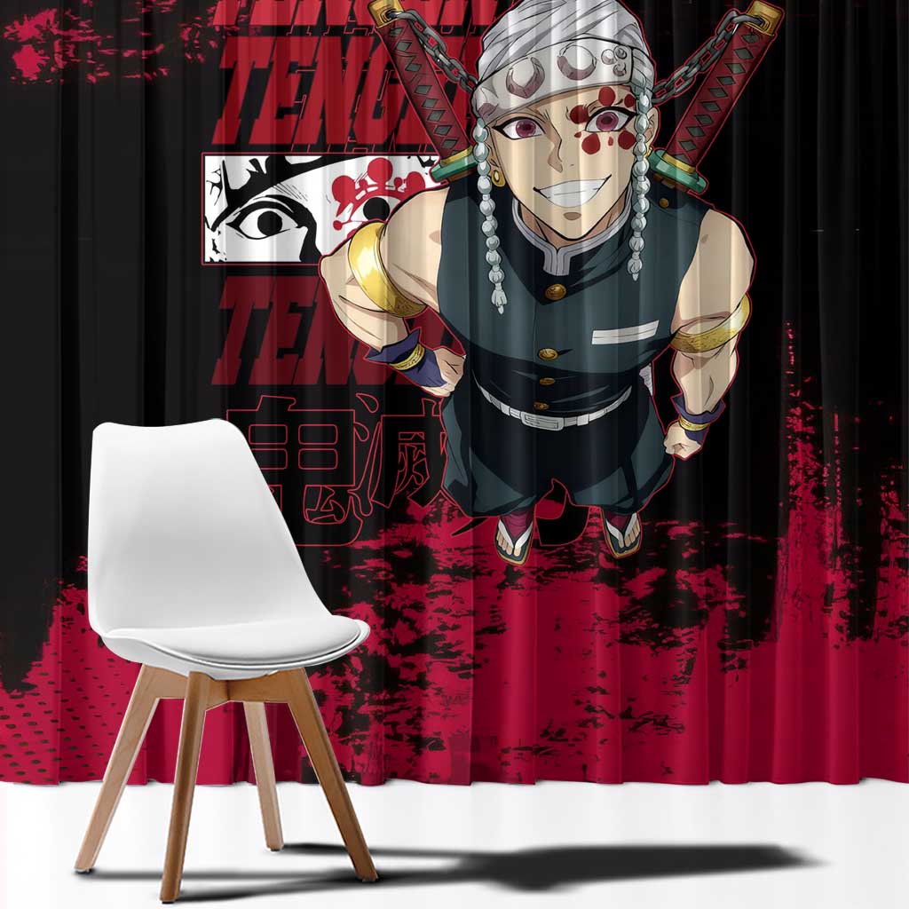 Tengen Uzui Demon Slayer Flashy Red Grunge Design Window Curtain with Eye Detail and Dual Sword Pose - The Mazicc