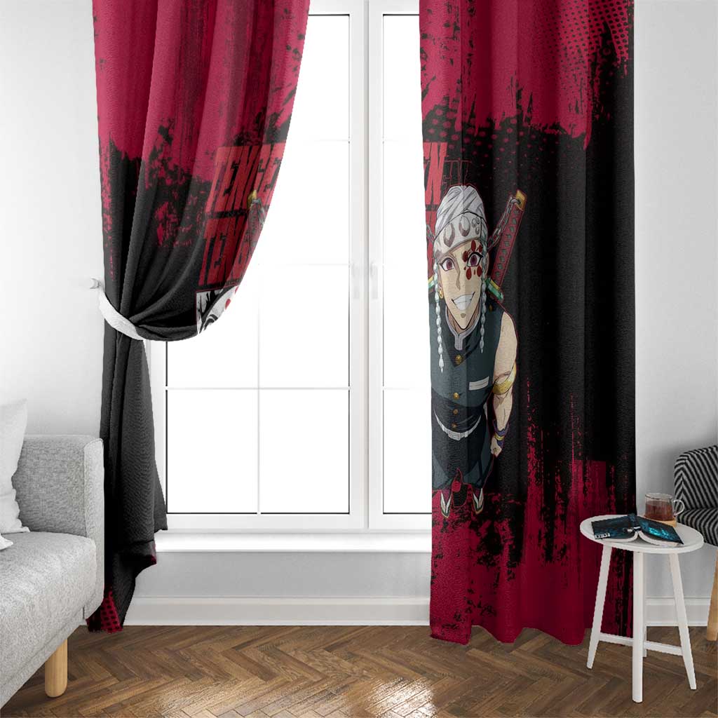 Tengen Uzui Demon Slayer Flashy Red Grunge Design Window Curtain with Eye Detail and Dual Sword Pose - The Mazicc