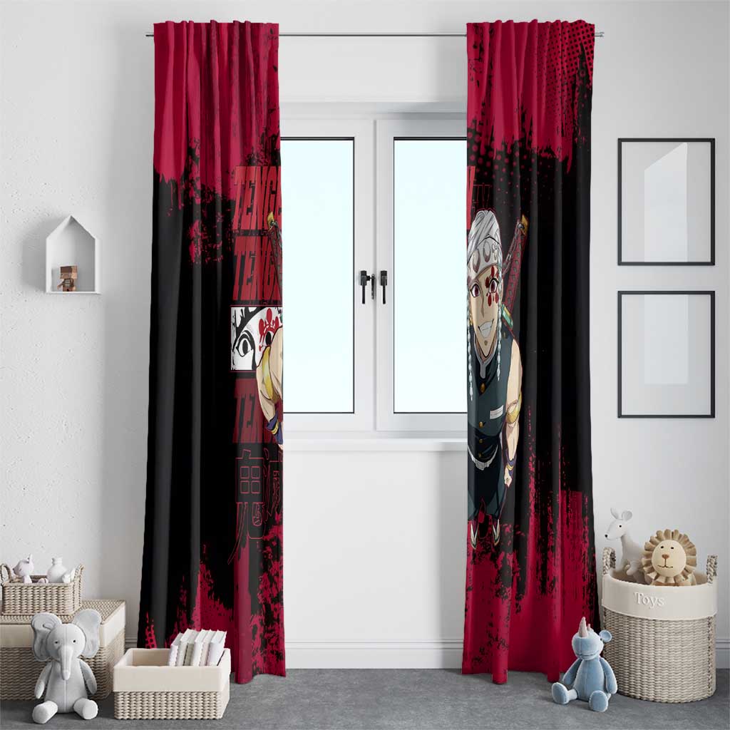 Tengen Uzui Demon Slayer Flashy Red Grunge Design Window Curtain with Eye Detail and Dual Sword Pose - The Mazicc